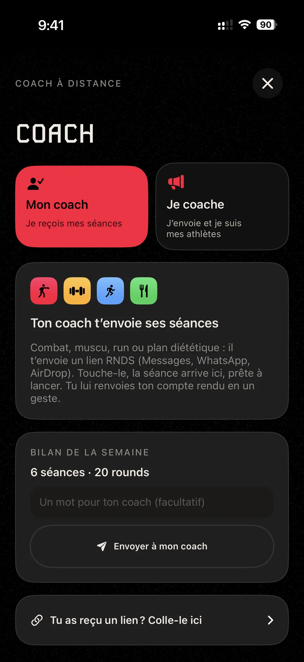 Écran Coach : Mon coach, Je coache, et le bilan de la semaine à envoyer.