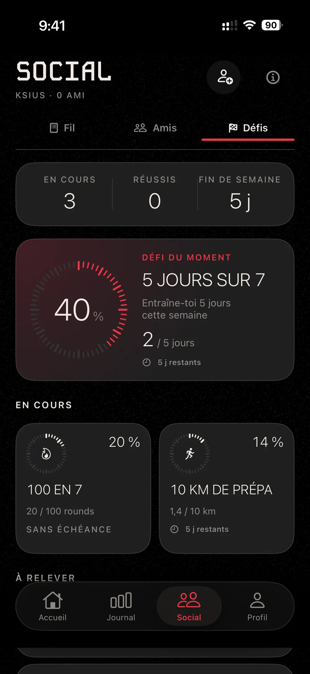 Écran Défis : 5 jours sur 7 à 40 %, 100 rounds en 7 jours, 10 km de prépa.