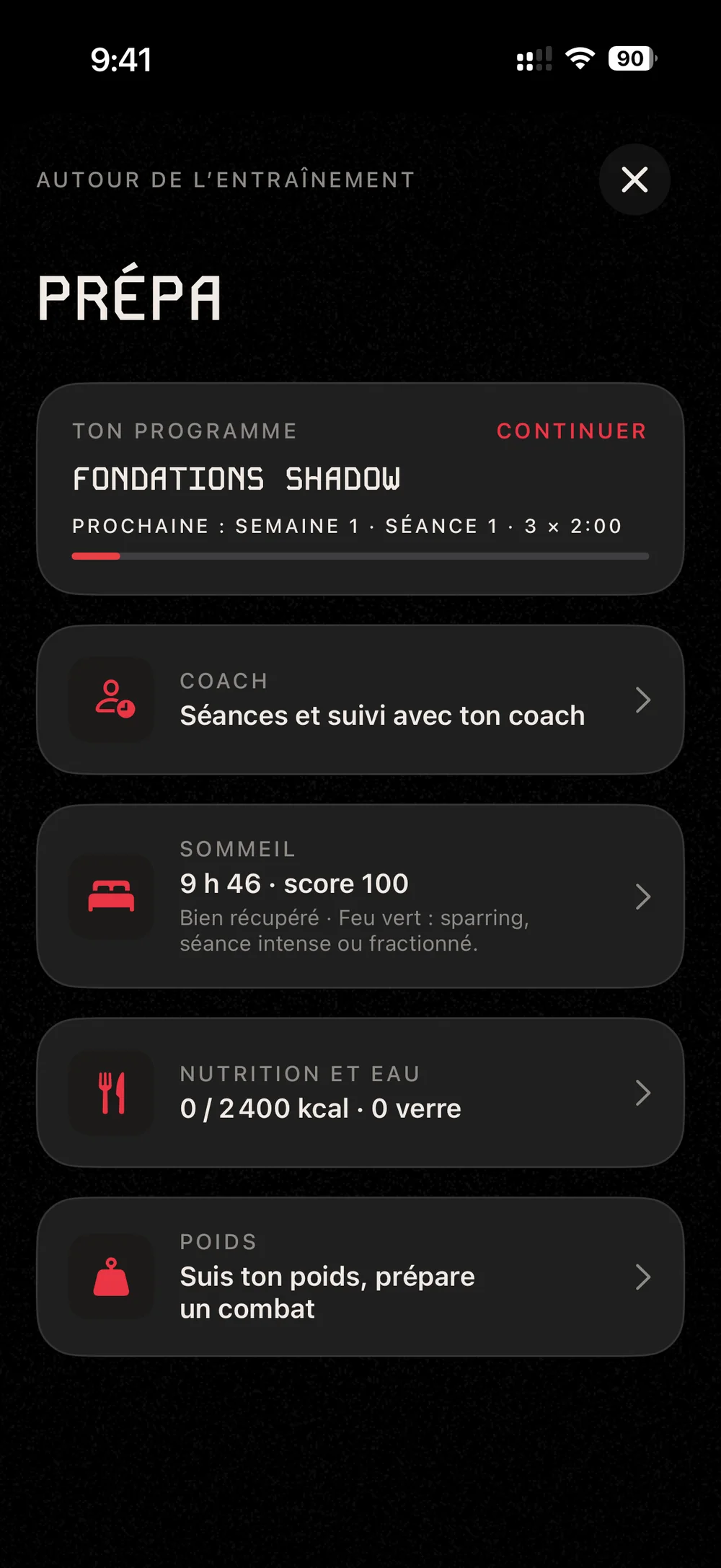 Écran Prépa : programme en cours, coach, sommeil, nutrition et eau, poids.